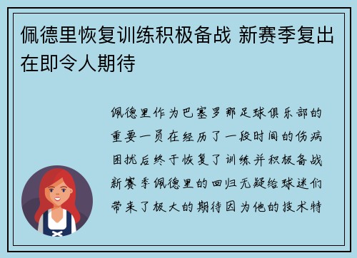佩德里恢复训练积极备战 新赛季复出在即令人期待 佩德里恢复训练积极备战 新赛季复出在即令人期待